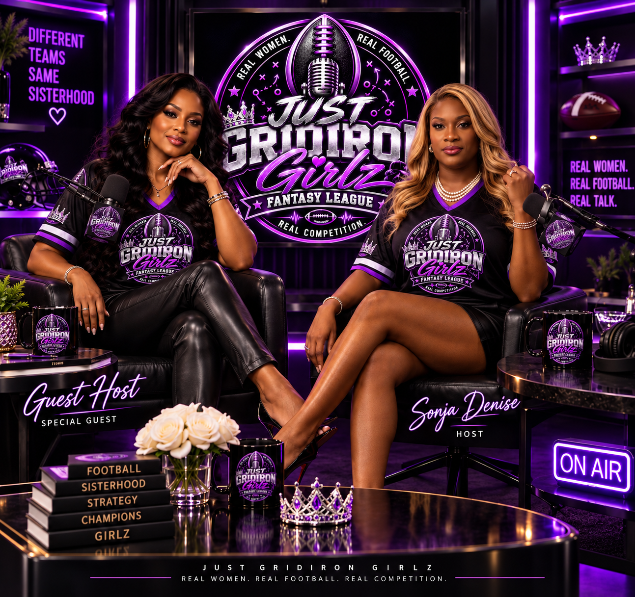 Sonja Denise and a guest host in the Just Gridiron Girlz podcast studio