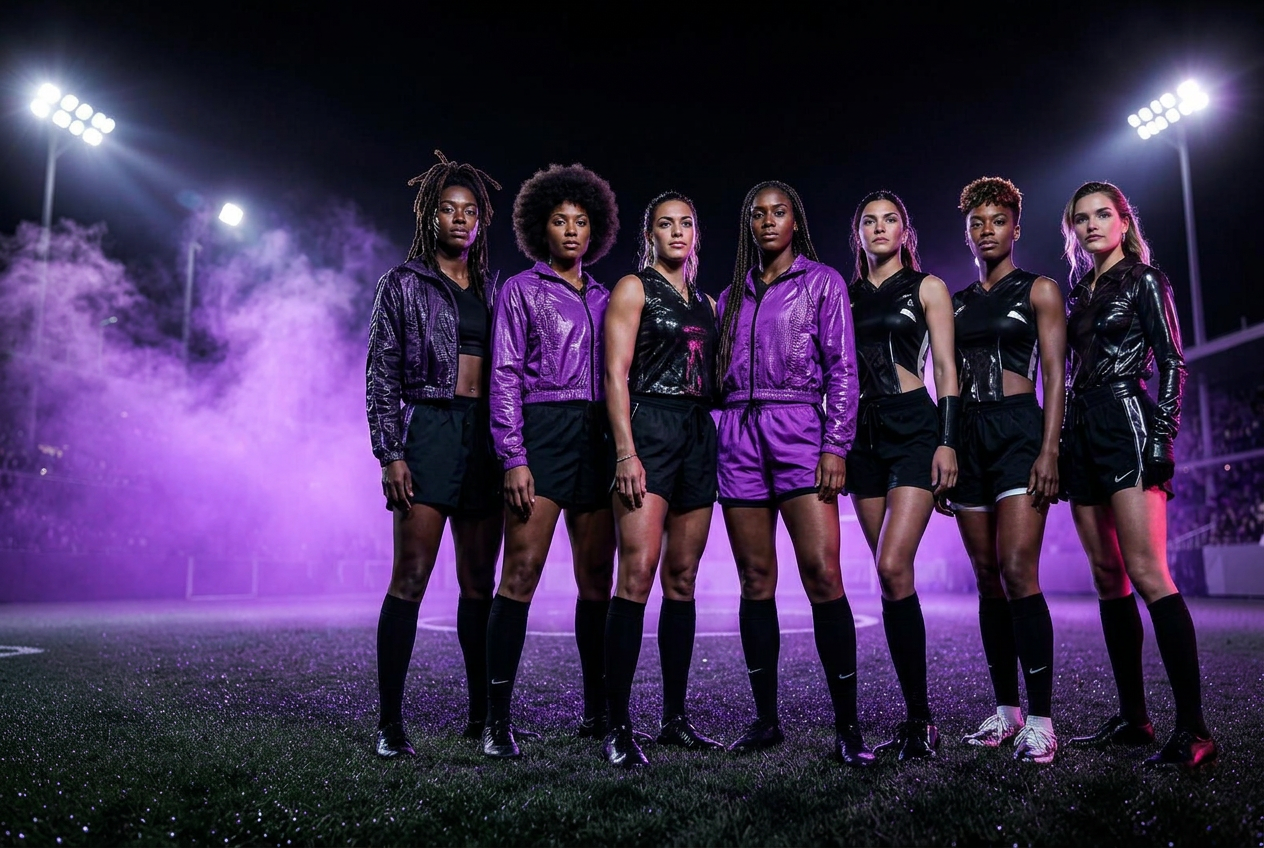 Women in football-inspired fashion under stadium lights